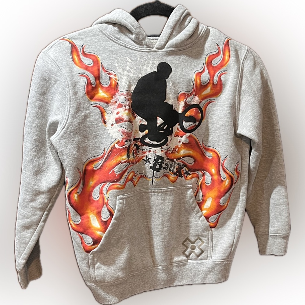 BMX Graphic Hoodie X Games Gray Sweatshirt With Biker Over Fire Boys S